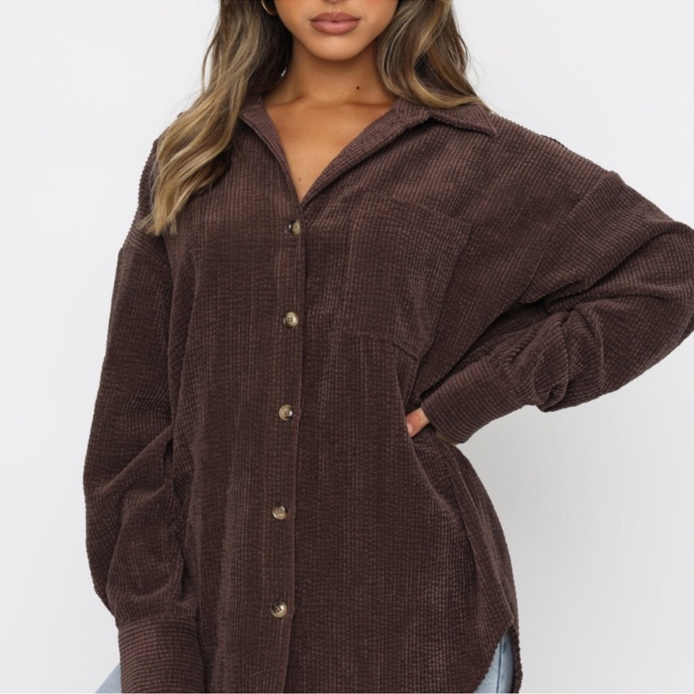 White fox out and about corduroy long sleeve button up brown